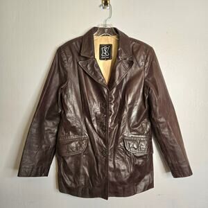 Vintage Chocolate Brown Leather Jacket Notched Lapel Button Front Coat S Classic